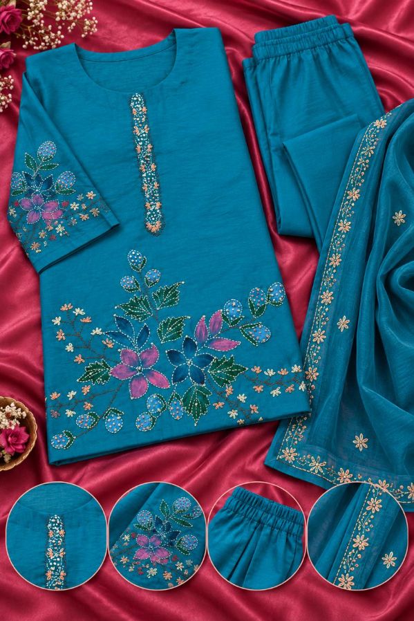 3 PC Teal Blue Set with Hand Embroidery