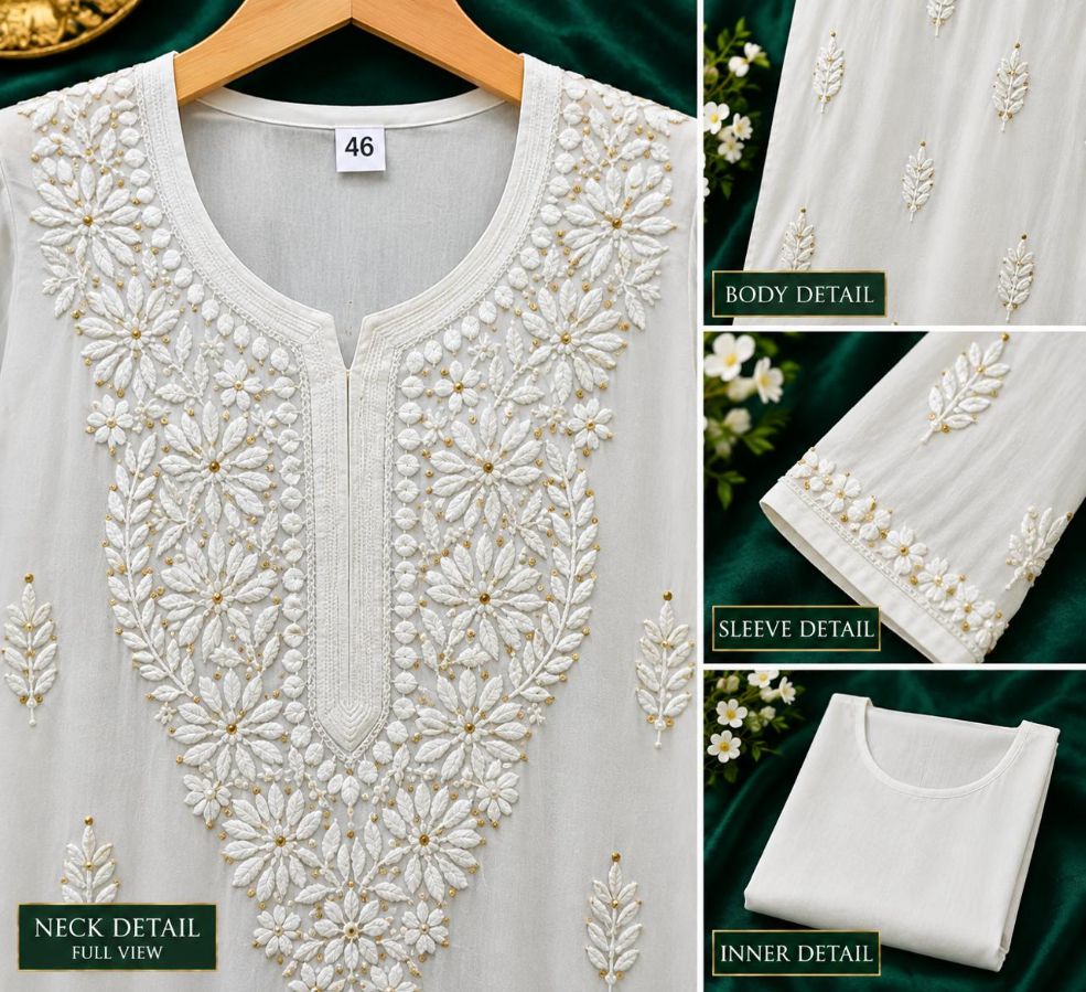 WHITE COLORED VISCOSE CHIKANKARI (PD-0015)