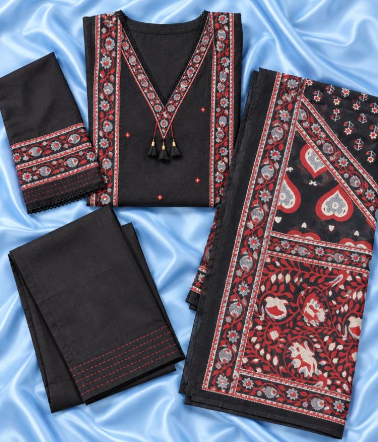 Black 3 PC Set withVertical Floral Embroidery