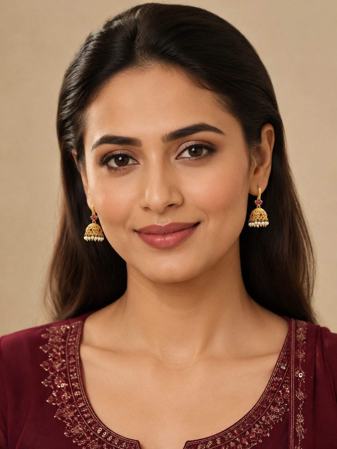 Gold Plated Jhumka Earrings with Pearl Detailing