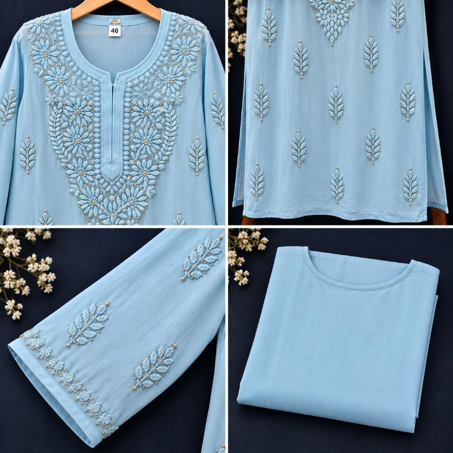 POWDER BLUE VISCOSE CHIKANKARI (PD-0010)