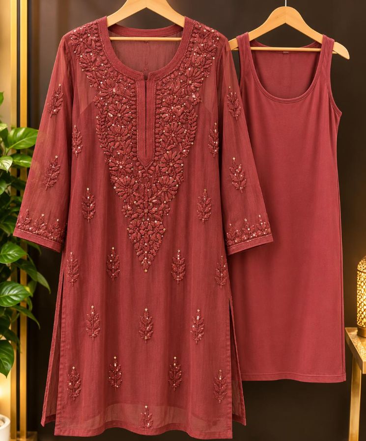 REDDISH BROWN COLORED VISCOSE CHIKANKARI (PD-0225)