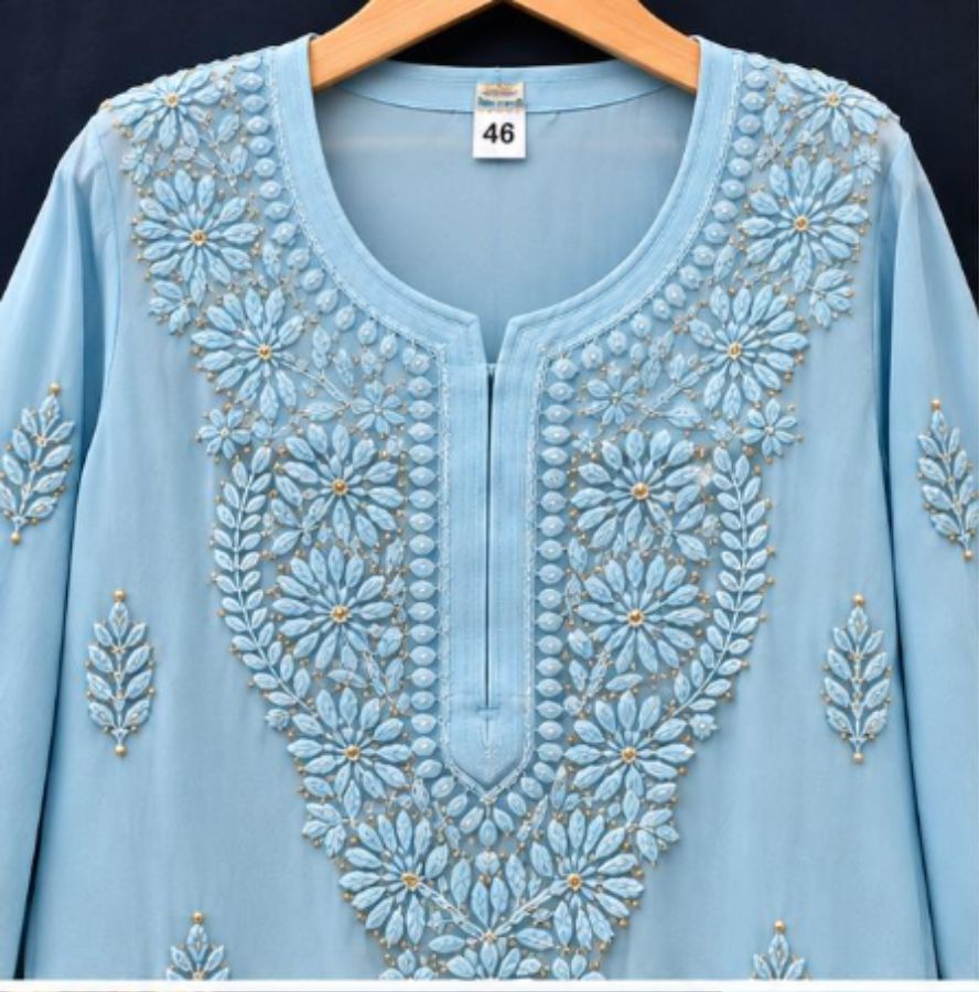 POWDER BLUE VISCOSE CHIKANKARI (PD-0010)