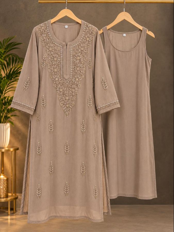 BEIGE COLORED VISCOSE CHIKANKARI