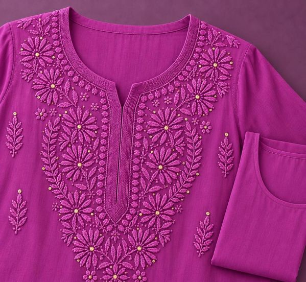 RANI PINK VISCOSE CHIKANKARI WITH MUKAISH WORK