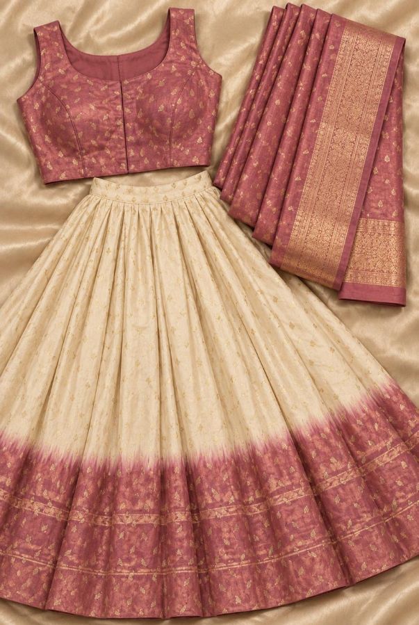 GIRLS DHAVANI - OFF WHITE WITH COFEE BROWN & MAGENTA