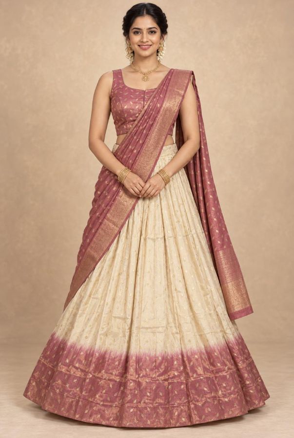 GIRLS DHAVANI - OFF WHITE WITH COFEE BROWN & MAGENTA