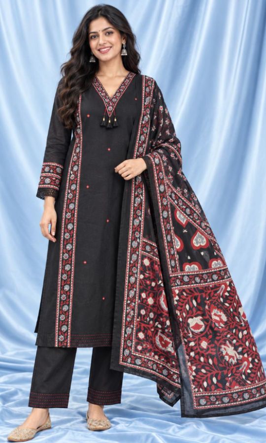 Black 3 PC Set withVertical Floral Embroidery