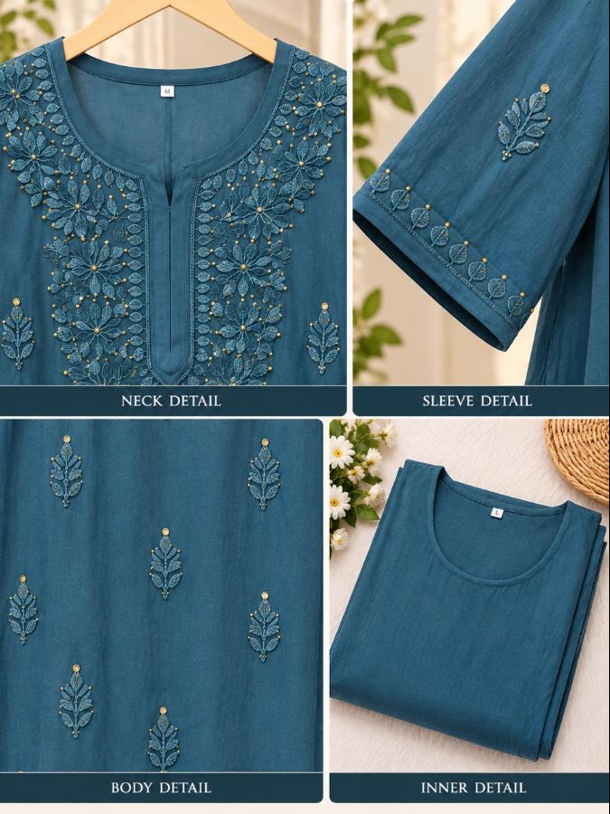 TEAL BLUE VISCOSE CHIKANKARI