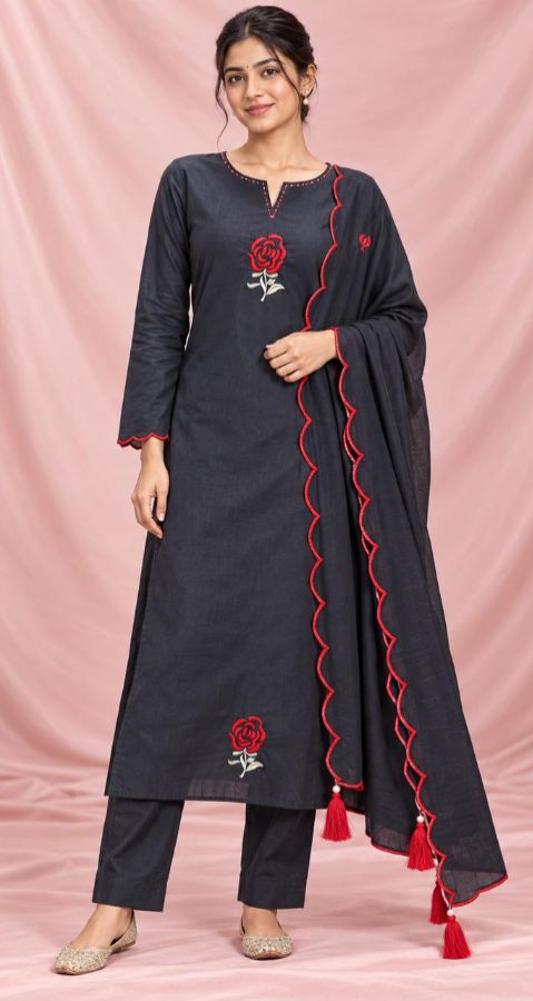 Black 3 PC Set with Red Floral Embroidery