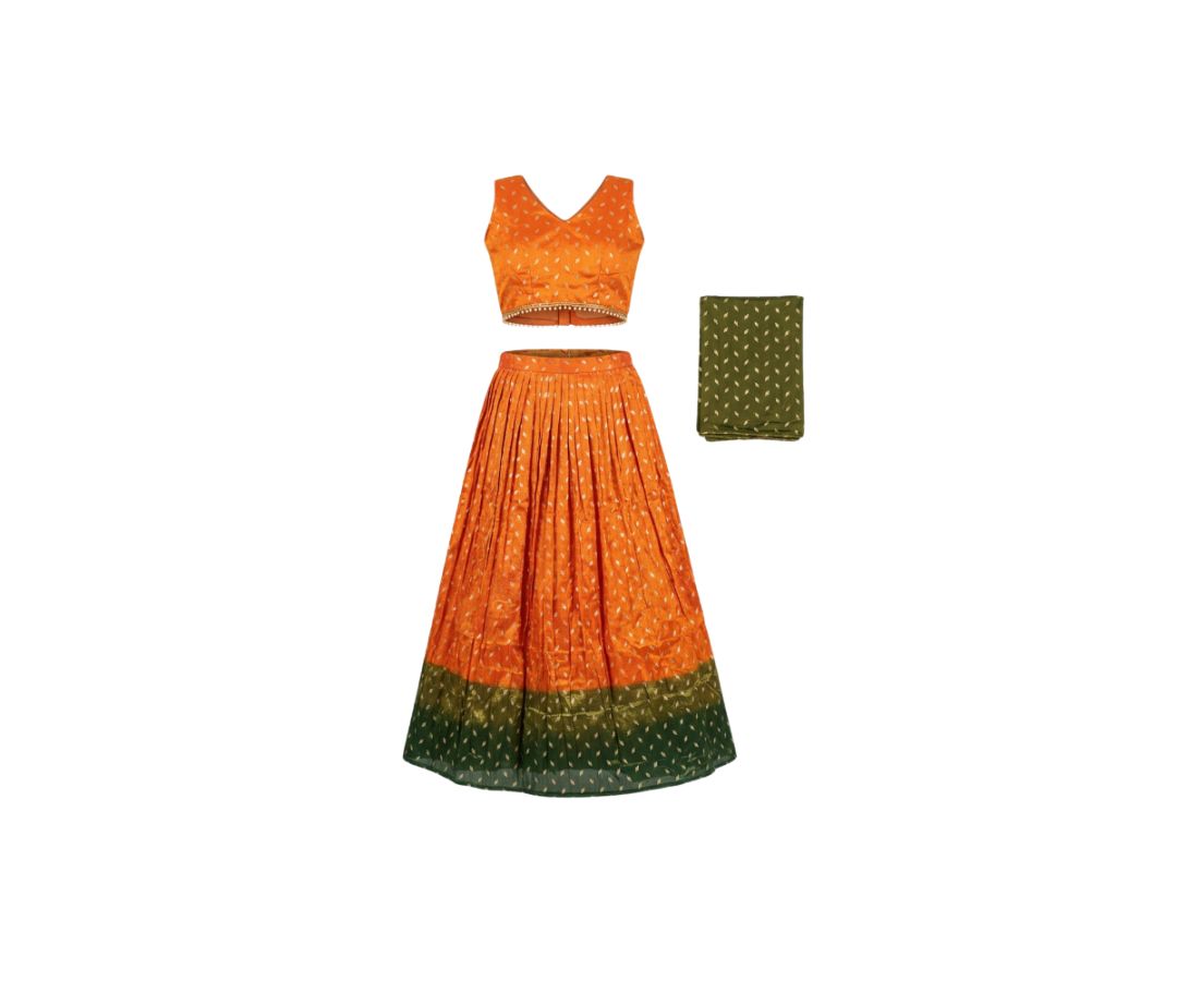 LADIES DHAVANI - ORANGE WITH GREEN