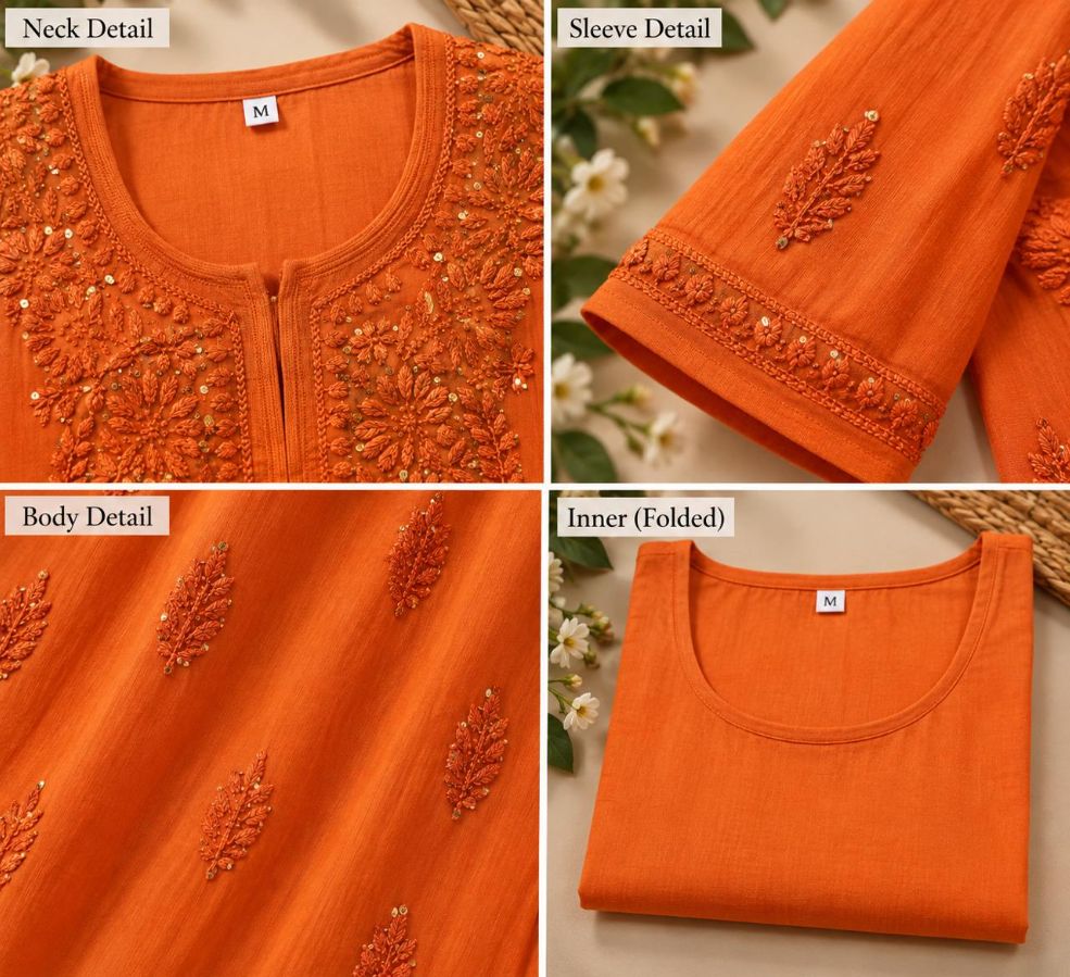 ORANGE COLORED VISCOSE CHIKANKARI