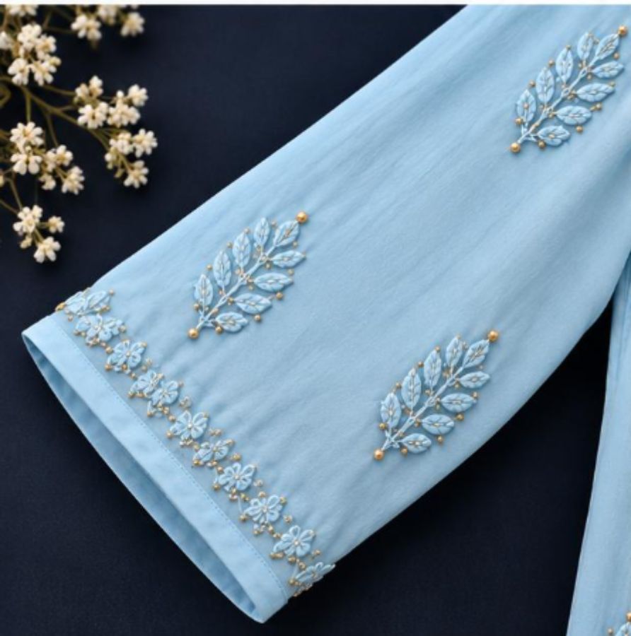 POWDER BLUE VISCOSE CHIKANKARI (PD-0010)