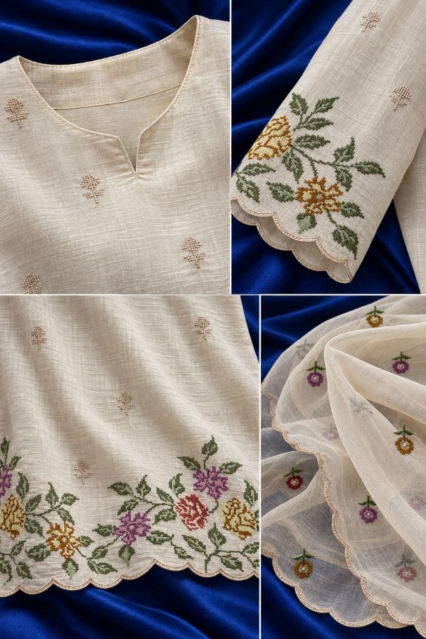 Cream Colored 3 PC Set with Floral Embroidery
