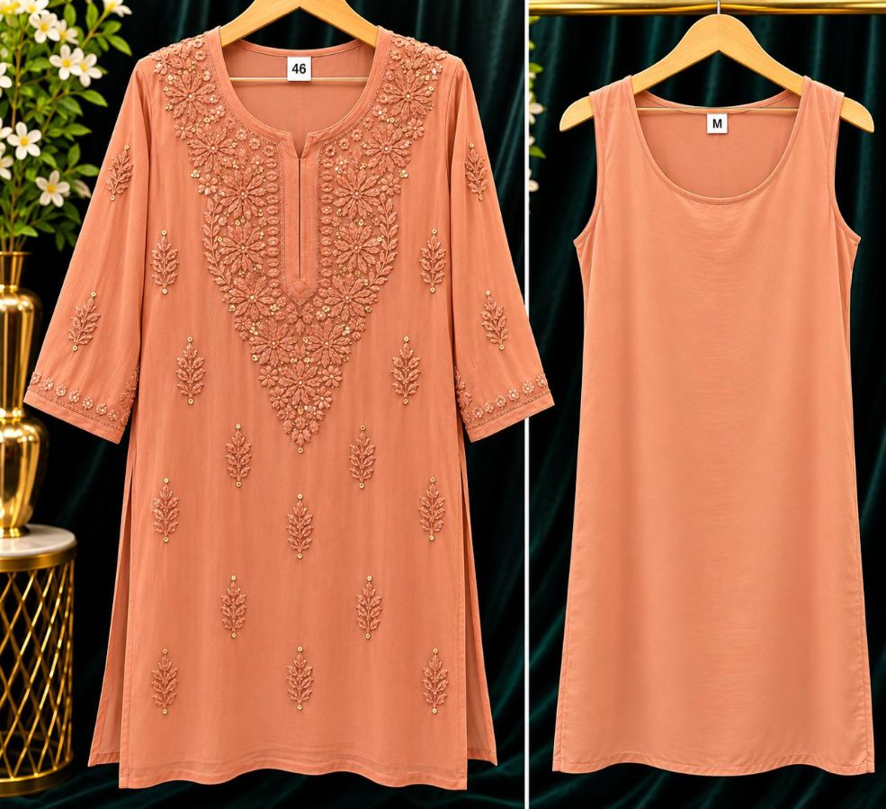 PEACH COLORED VISCOSE CHIKANKARI (PD-0017)