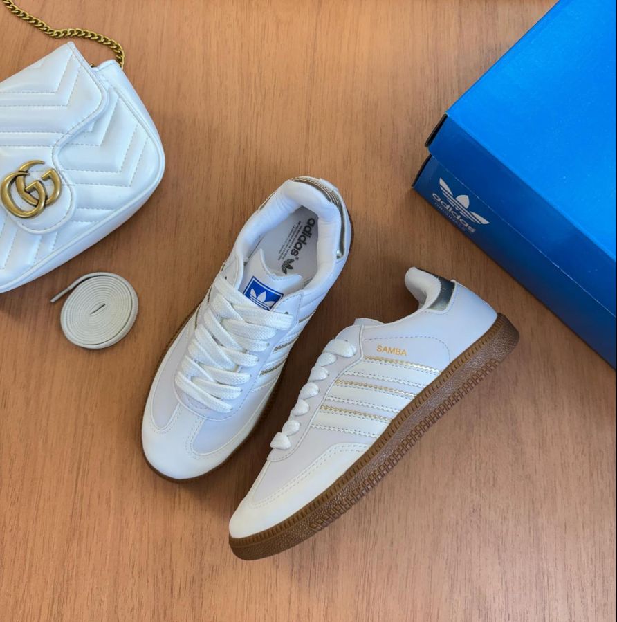 Adidas Samba Branco/Dourado Sintético Acompanha Dois Cadarços Feminino