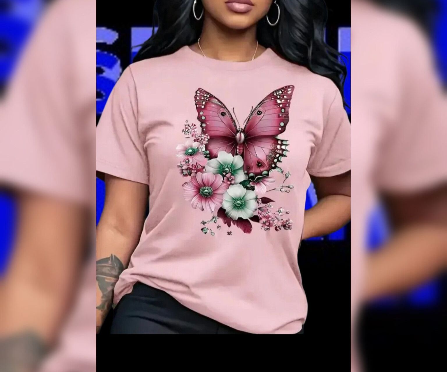 Camiseta feminina borboleta flores 100% algodão