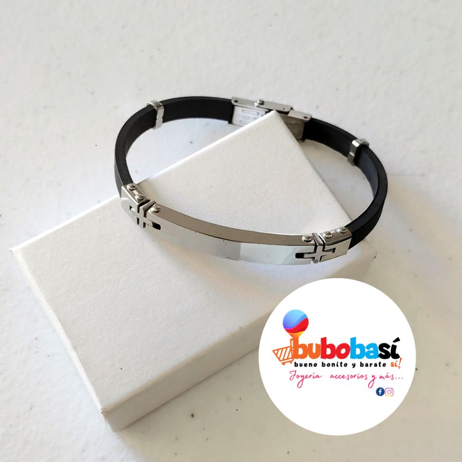 Pulsera caballero cruz de corcho con placa de acero inoxidable color platedo personalizada
