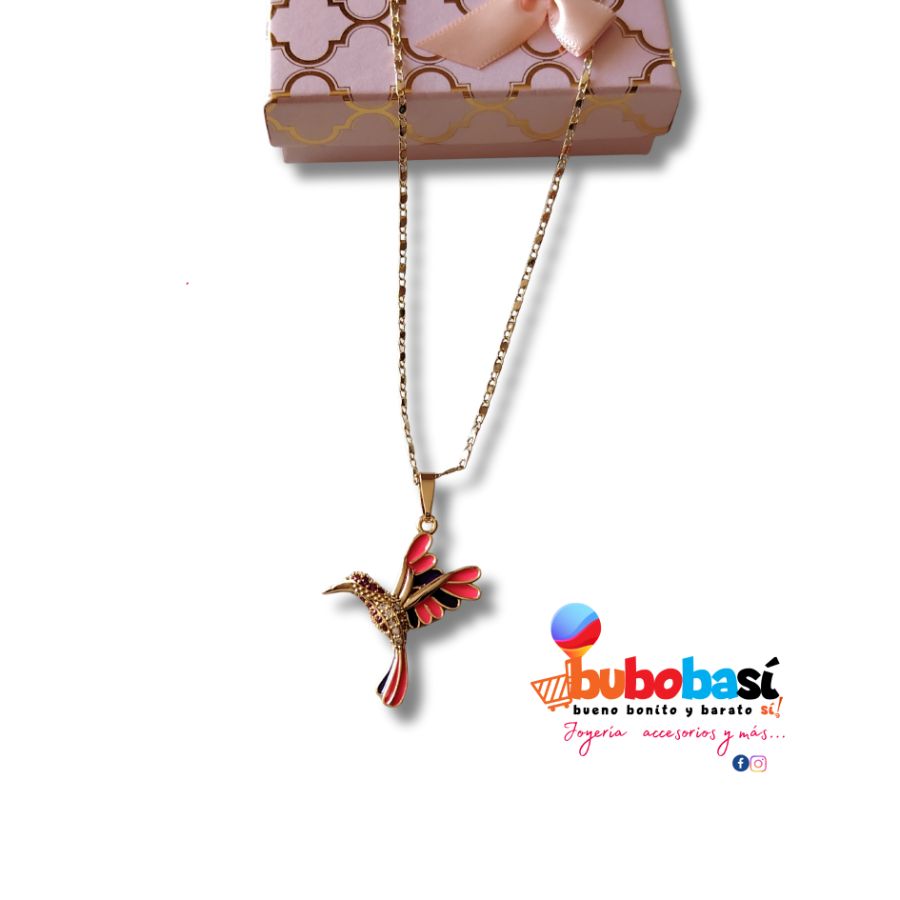 Collar colibrí zirconias incrustadas alas morada y rosa