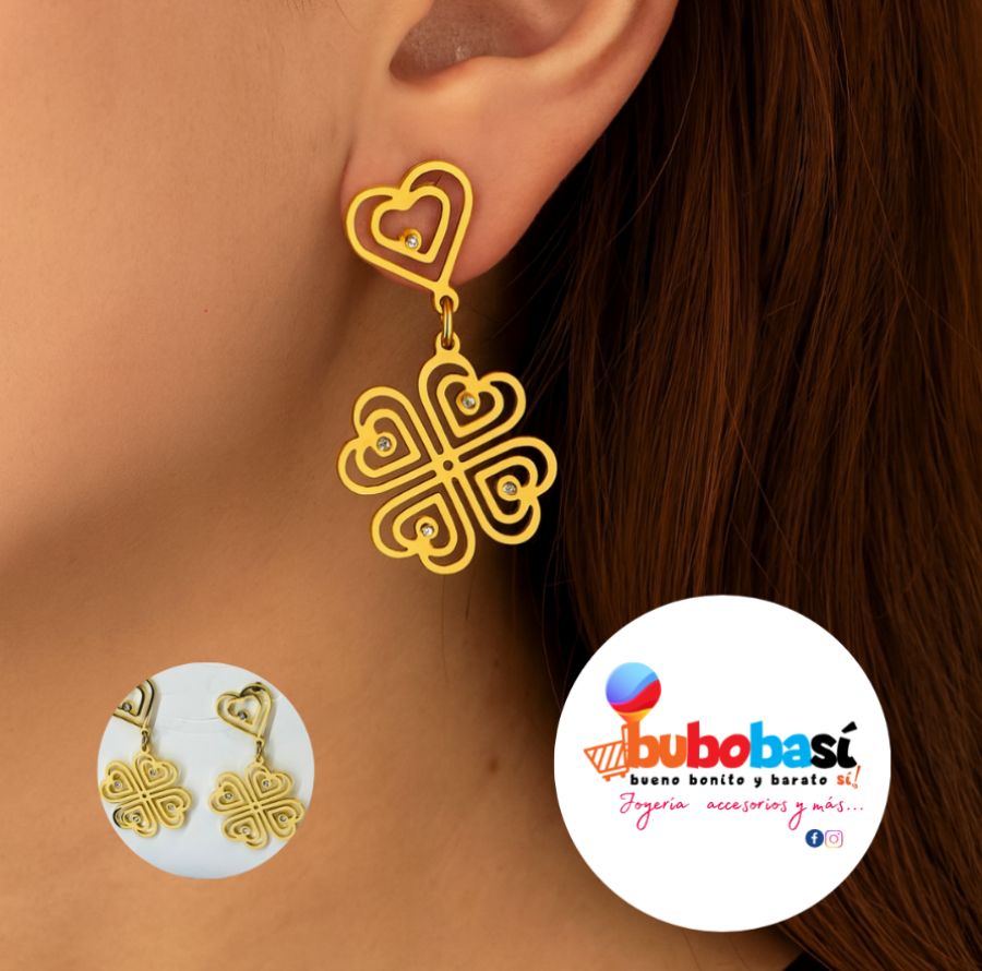 Arete largo corazón trebol con zirconia inscrustada