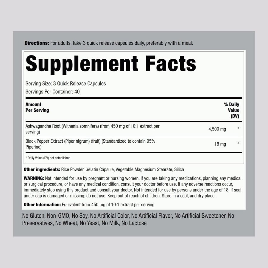 Ashwagandha - Piping Rock - 4500mg x120 Cápsulas