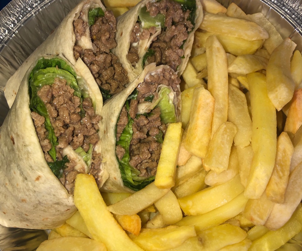 Cheese burger wrap with fries