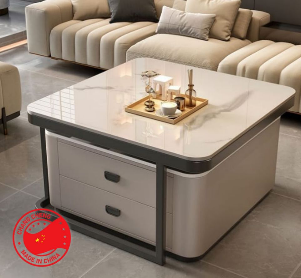 Mesa de sala doble 2 gabetas color blanco -metal con repisa de vidrio