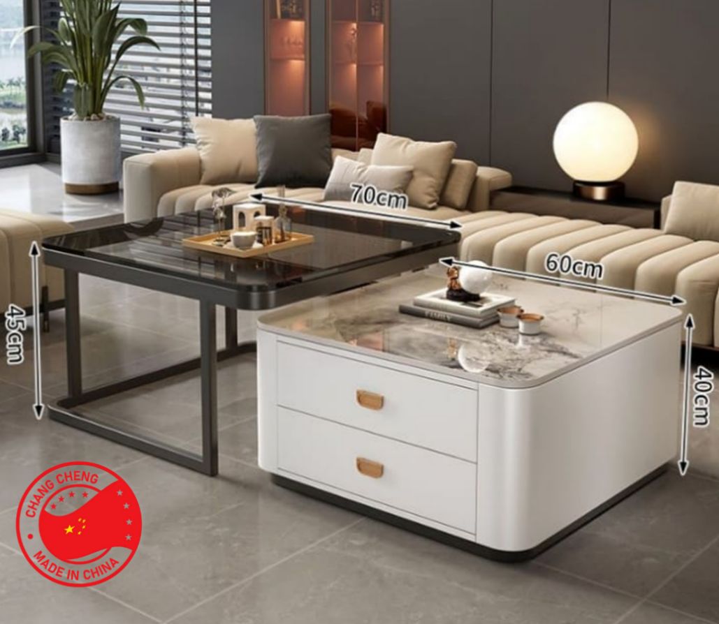 Mesa de sala doble 2 gabetas color blanco -metal con repisa de vidrio