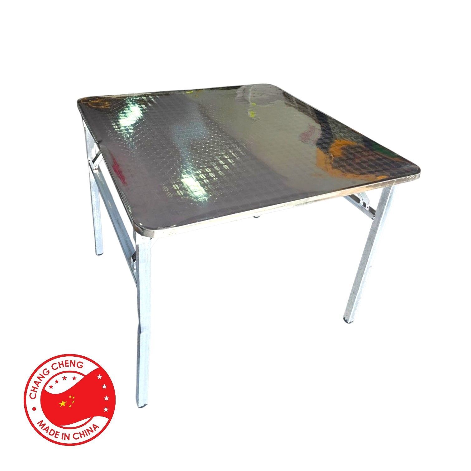 Mesa plegable 100X100cm tablero con textura acero inoxidable