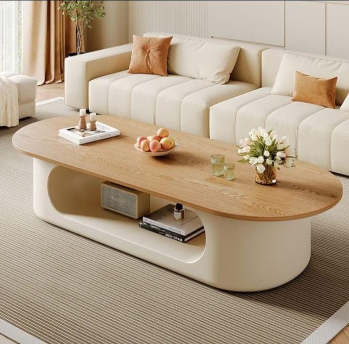 Mesa de sala ovalada estilo minimalista color crema tablero de madera