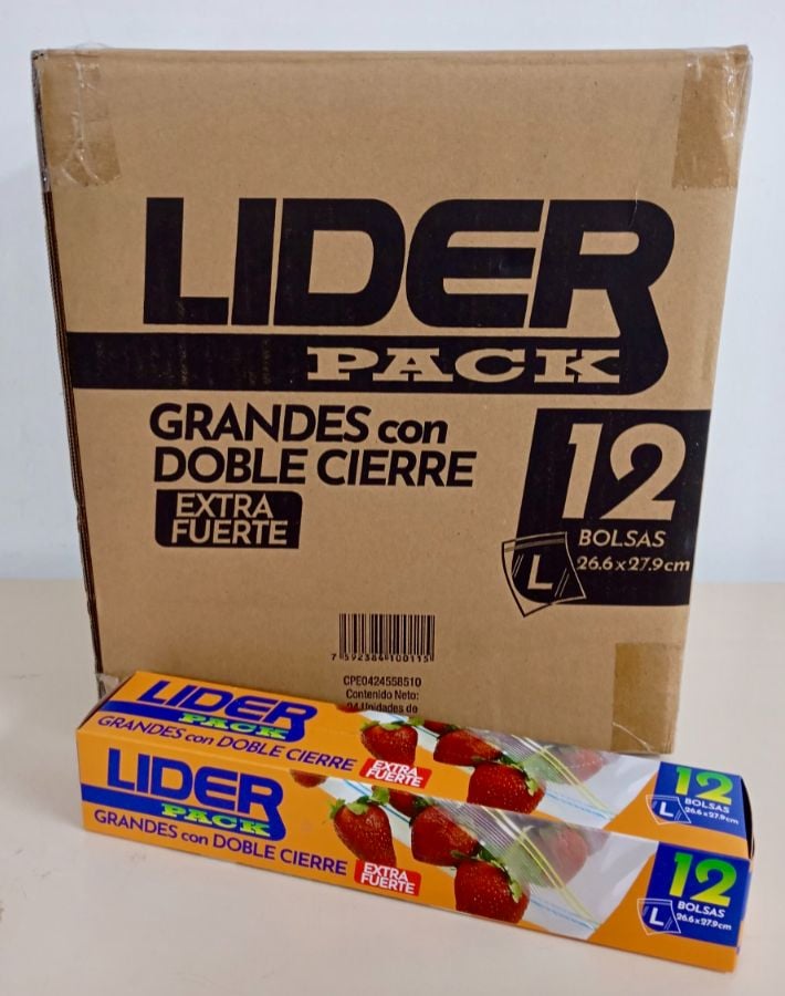LIDER PACK // BOLSAS GRANDES CON DOBLE CIERRE EXTRA FUERTE 26,6 X 27,9 CM REF 0115 BARRAS 7592384100115 (bulto de 24cajitas) precio por cajita de 12unid