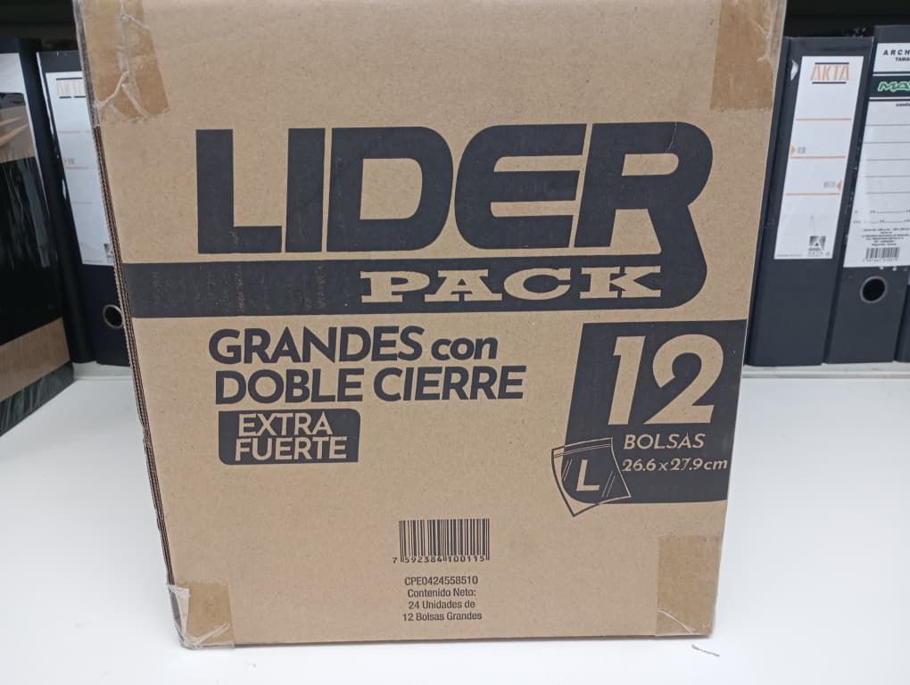 LIDER PACK // BOLSAS GRANDES CON DOBLE CIERRE EXTRA FUERTE 26,6 X 27,9 CM REF 0115 BARRAS 7592384100115 (bulto de 24cajitas) precio por cajita de 12unid
