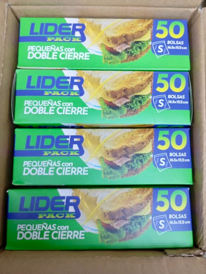 LIDER PACK // BOLSAS PEQUENAS CON DOBLE CIERRE 16,5 X 15,2 CM REF 0122 BARRAS 7592384100122 (bulto de 24cajitas) precio por cajita de 50unid