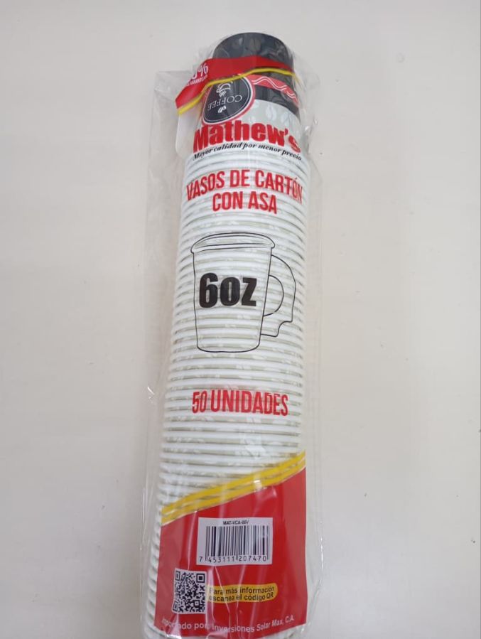 MATHEWS // VASOS DE CAFE 6 ONZAS DE CARTON CON ASA REF 207470 codigodebarras 7453111207470 (bulto de 20 empaques de 50 vasos cu) precio por empaque de 50vasos