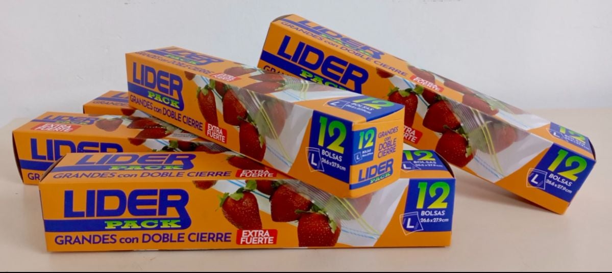 LIDER PACK // BOLSAS GRANDES CON DOBLE CIERRE EXTRA FUERTE 26,6 X 27,9 CM REF 0115 BARRAS 7592384100115 (bulto de 24cajitas) precio por cajita de 12unid