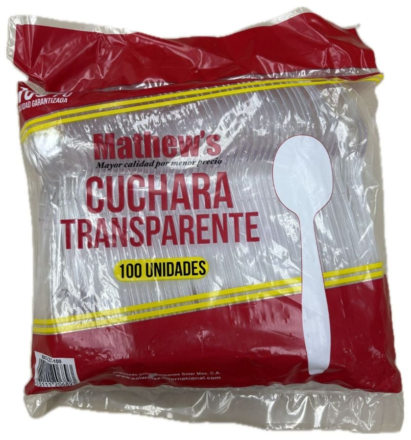 MATHEWS // CUCHARAS 14cm TRANSPARENTES REF 206893 codigodebarras 7453111206893 (bulto de 10paquetes de 100 unidades) precio por paquete de 100und