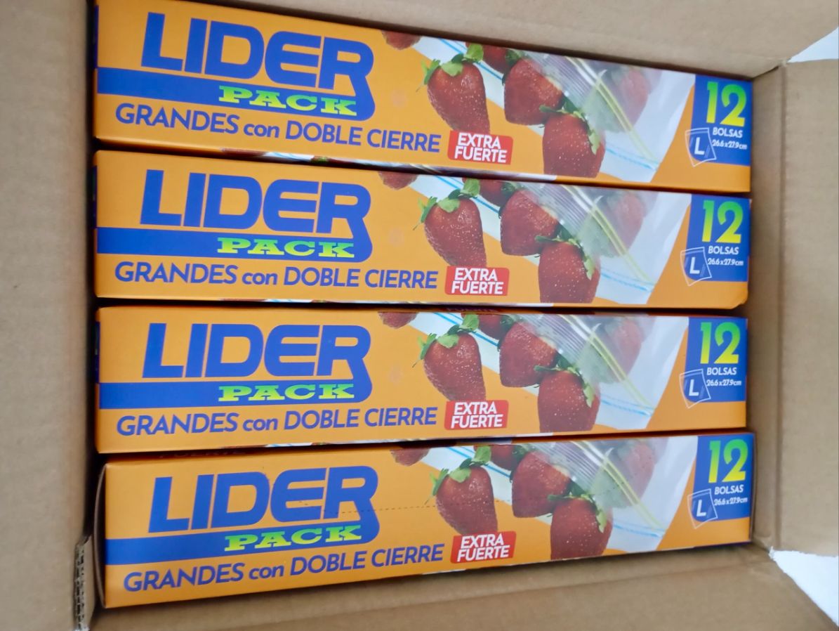 LIDER PACK // BOLSAS GRANDES CON DOBLE CIERRE EXTRA FUERTE 26,6 X 27,9 CM REF 0115 BARRAS 7592384100115 (bulto de 24cajitas) precio por cajita de 12unid