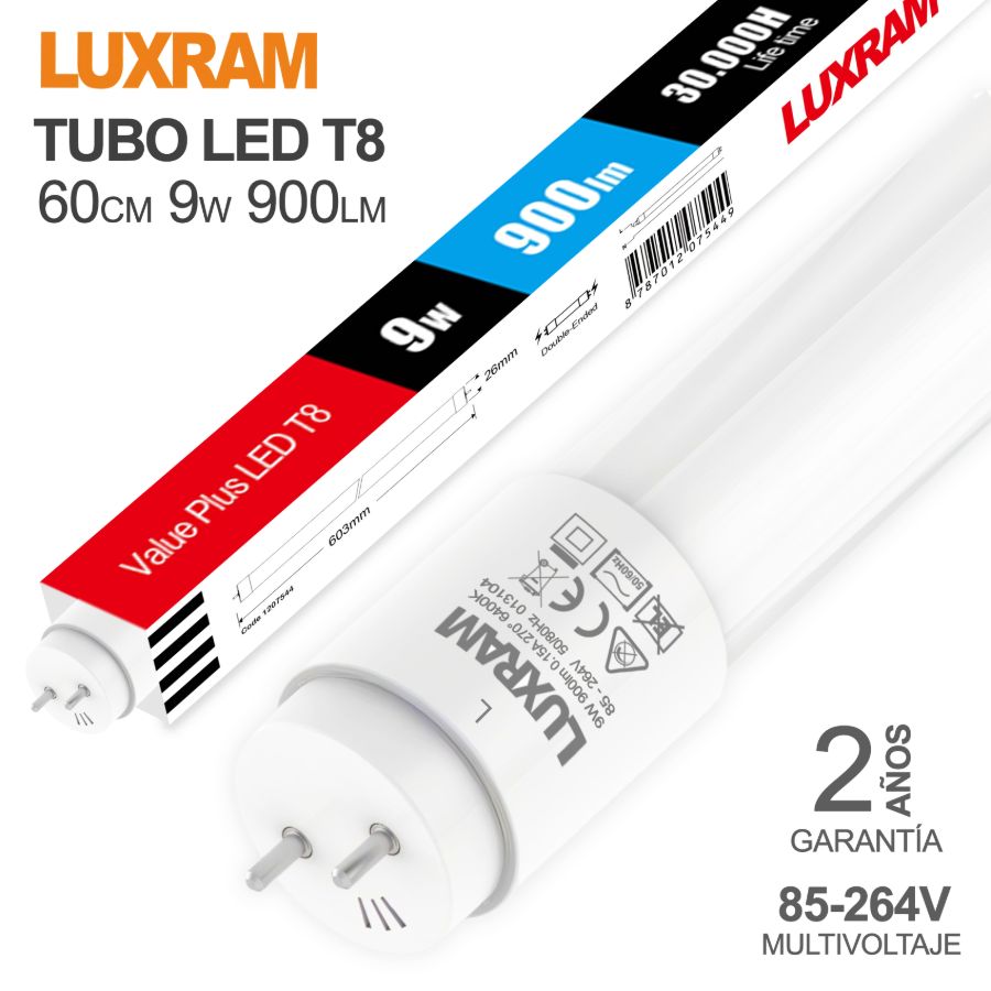 LUXRAM // TUBOS LED T8 de 60cm 9WATTS 85V-264V 6400K 900Lm REF*75449 codigodebarras 8787012075449 (CAJA DE 25UNID) precio por unidad