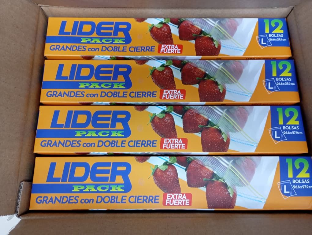 LIDER PACK // BOLSAS GRANDES CON DOBLE CIERRE EXTRA FUERTE 26,6 X 27,9 CM REF 0115 BARRAS 7592384100115 (bulto de 24cajitas) precio por cajita de 12unid
