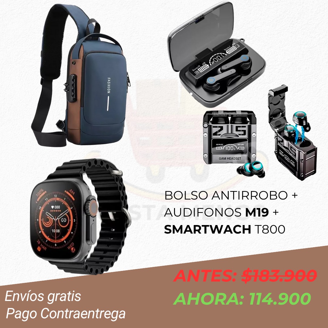 BOLSO ANTIRROBO + AUDÍFONOS M19 + SMARTWATCH T800