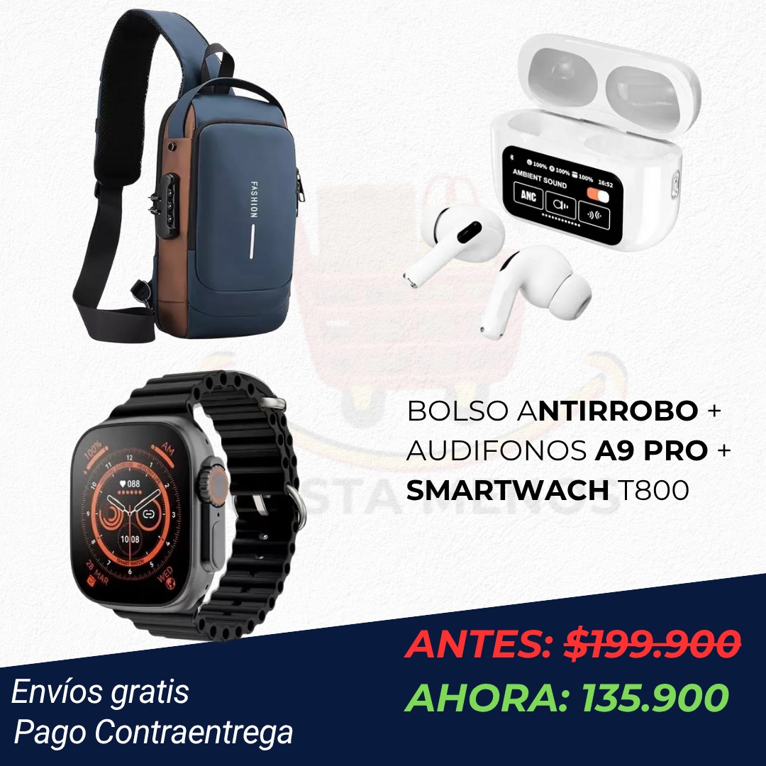 BOLSO ANTIRROBO + AUDÍFONOS A9 +SMARTWATCH T800