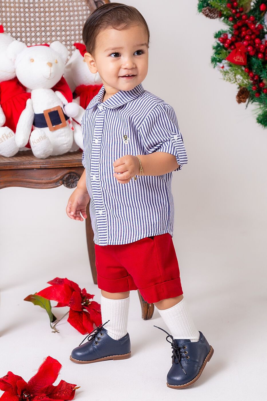 Conjunto Infantil Camisa Listrada e Bermuda Vermelha