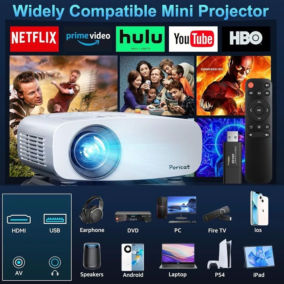 Proyector Bluetooth WiFi 5G Pericat: Cine en Casa o al Aire Libre con Calidad 4K