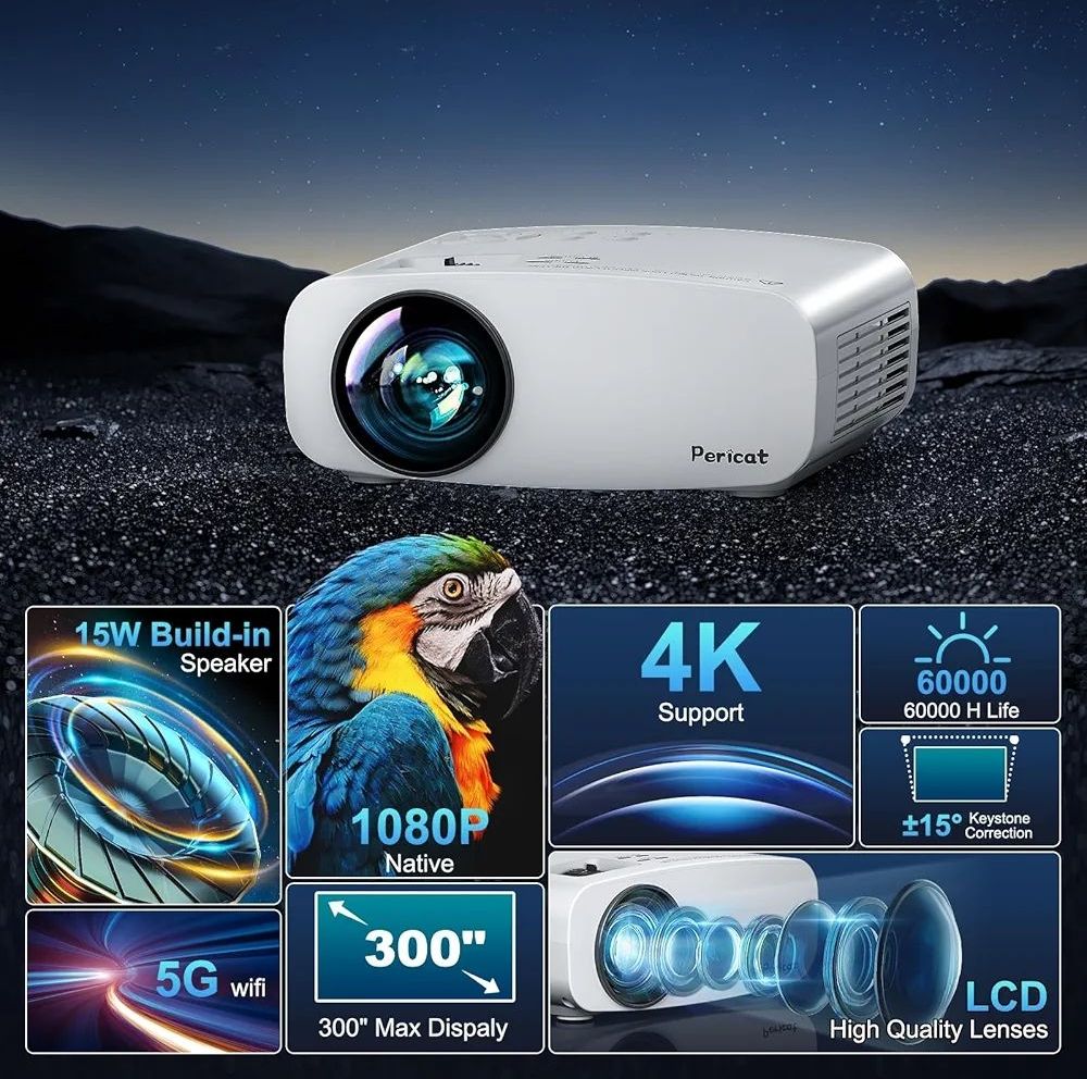 Proyector Bluetooth WiFi 5G Pericat: Cine en Casa o al Aire Libre con Calidad 4K