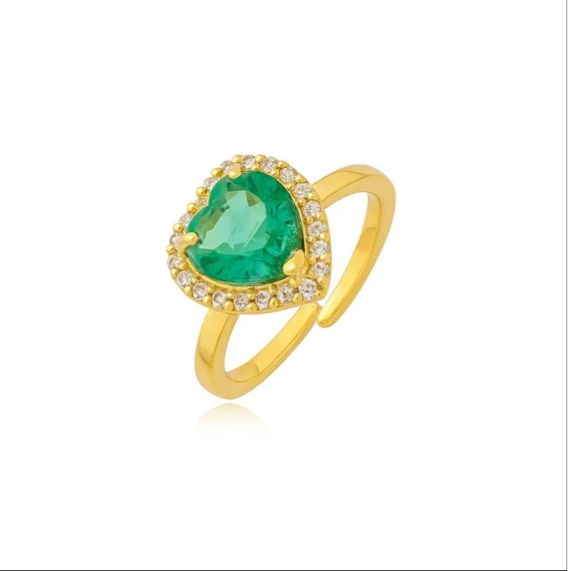 Anel Dourado com Pedra Coração Verde e Zircônias