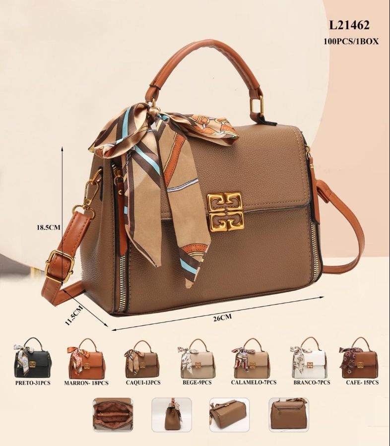 CX: 100 Bolsa Baú Feminina Média com Zíper Lateral e Lenço de Cetim