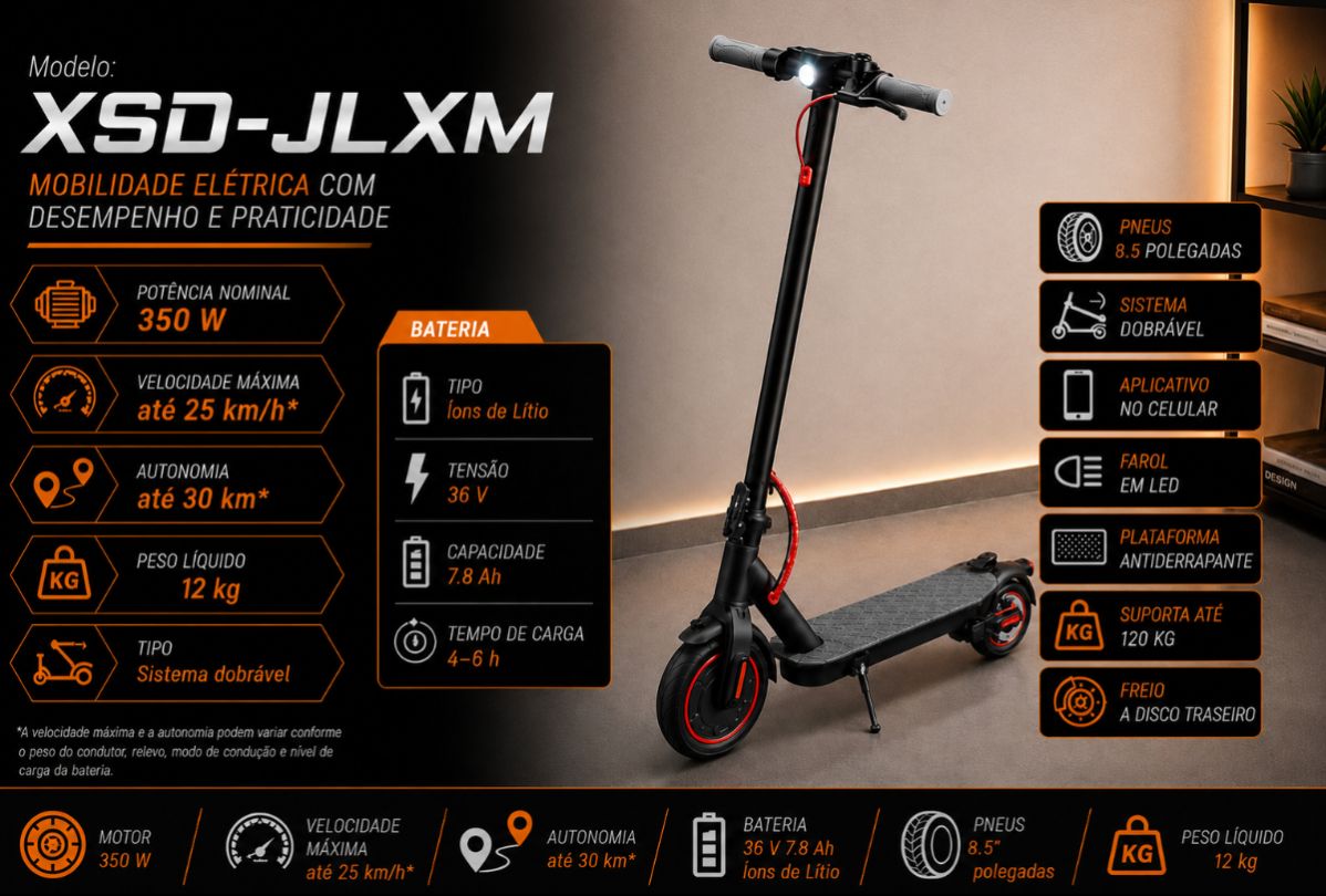 CX: 1 Patinete Elétrico Dobrável Adulto XSD-JLXM 350W Bateria 36V Até 25km/h Suporta Até 120kg
