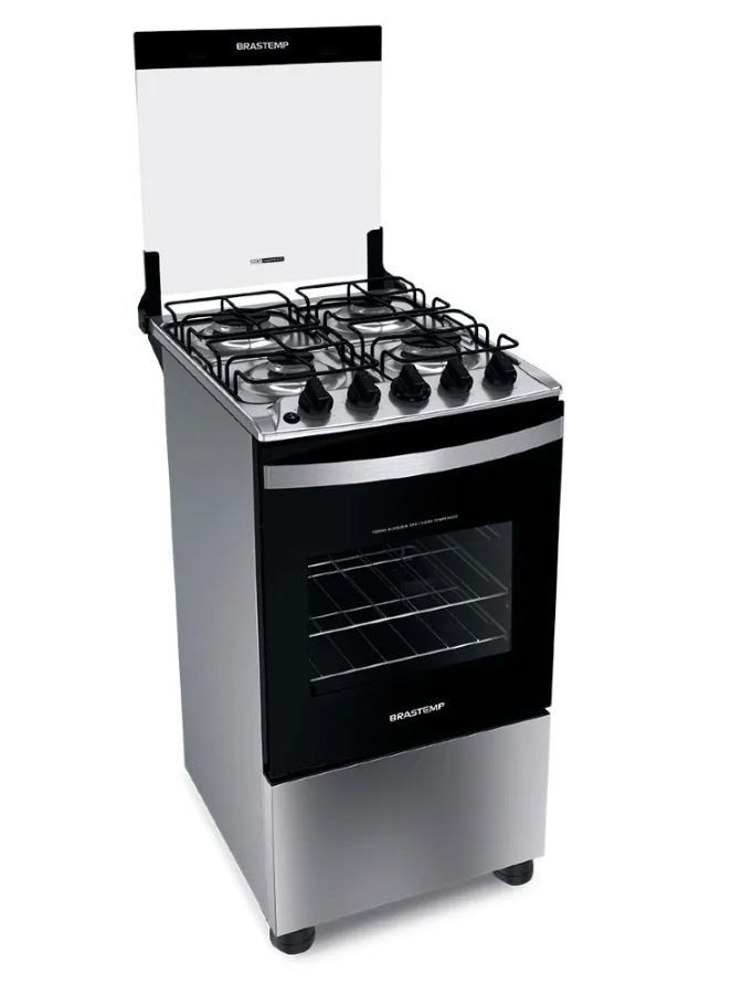 Fogão Brastemp 4 Bocas BFO4NBR Clean com Mesa de Inox, 2 Prateleiras Ajustáveis e Acendimento automático Bivolt Inox