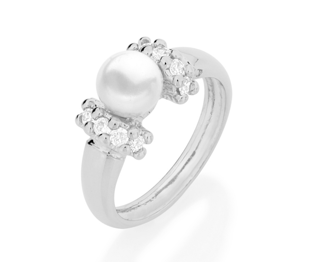 Anel banhado a rhodium com pérolas e zircônias Branco com pérola - Rommanel