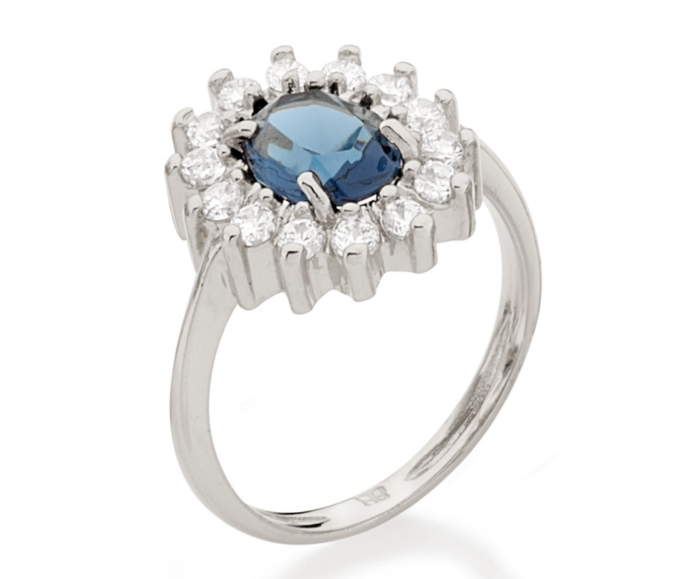 Anel banhado a rhodium com cristal e zircônias Branco com azul - Rommanel